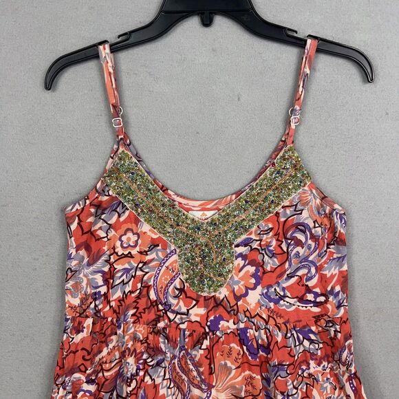 Free People Dress Women Small Red Boho Floral Beaded Jewel Tiered Coastal Resort - Picture 3 of 16